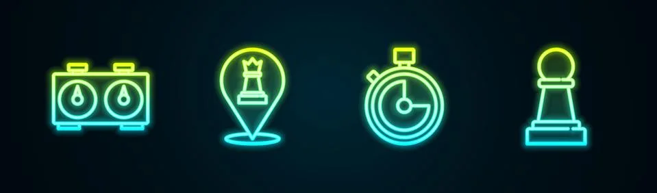 Set line Time chess clock, Chess, Stopwatch and . Glowing neon icon. Vector Ilustración de archivo
