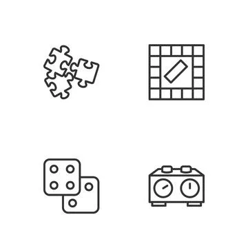 Set line Time chess clock, Game dice, Puzzle pieces toy and Board game icon Stock Illustration
