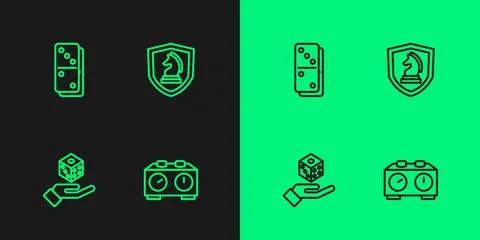 Set line Time chess clock, Game dice, Domino and Chess icon. Vector Ilustración de archivo