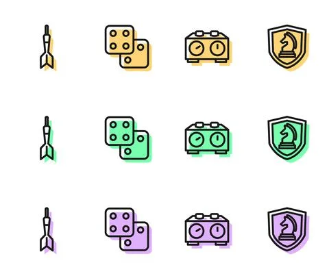 Set line Time chess clock, Dart arrow, Game dice and Chess icon. Vector Stock Illustration