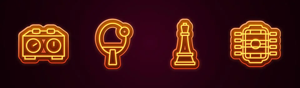 Set line Time chess clock, Racket, Chess and Table football. Glowing neon ico Stock Illustration