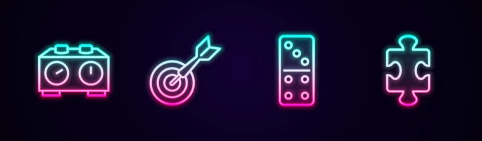 Set line Time chess clock, Classic dart board and arrow, Domino and Puzzle pi Stock Illustration
