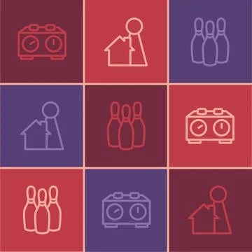 Set line Time chess clock, Bowling pin and Chip for board game icon. Vector Ilustración de archivo