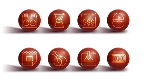 Set line Time chess clock, Calendar, Kitchen timer, Sunset, Food, Old hourg.. Stock Illustration