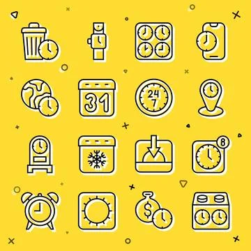 Set line Time chess clock, Alarm app mobile, zone clocks, Calendar, World t.. Ilustración de archivo