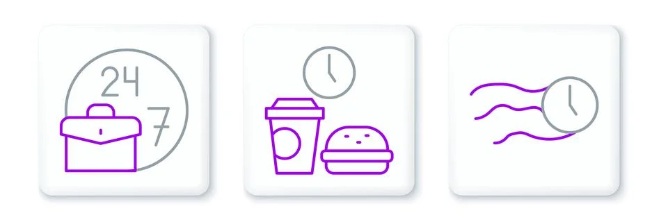 Set line Time flies on the clock, Always busy and Fast food time icon. Vector Stock Illustration