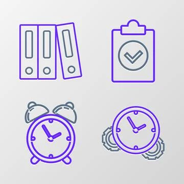 Set line Time Management, Alarm clock, Completed task and Office folders with Stock Illustration