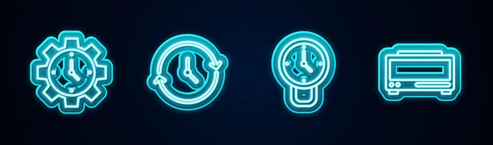 Set line Time Management, Clock, and Digital alarm clock. Glowing neon icon Illustrazione stock