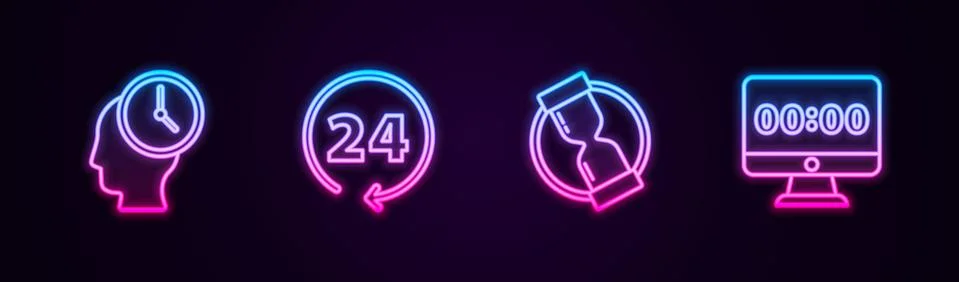 Set line Time Management, Clock 24 hours, Old hourglass and on monitor. Glowing Stock Illustration