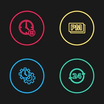 Set line Time Management, Clock 24 hours, PM and delete icon. Vector Stock Illustration