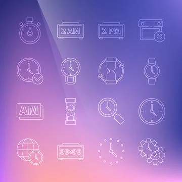 Set line Time Management, Clock, Wrist watch, Digital alarm clock, Stopwatch and Illustrazione stock
