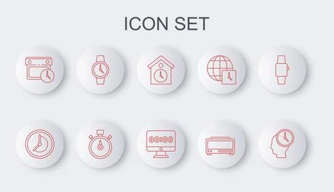 Set line Time Management, Clock, Retro wall watch, Digital alarm clock, Calendar Illustrazione stock