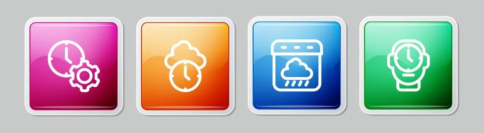 Set line Time management, Clock, Calendar autumn and . Colorful square button Stock Illustration
