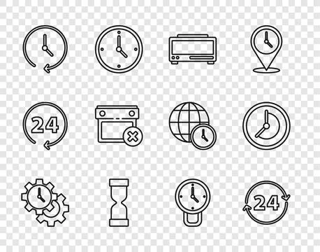 Set line Time Management, Clock 24 hours, Digital alarm clock, Old hourglas.. Stock Illustration