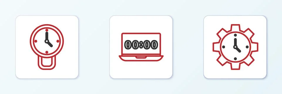 Set line Time Management, Clock and on laptop icon. Vector Stock Illustration