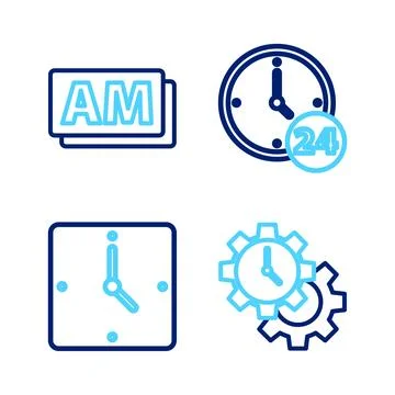 Set line Time Management, Clock, 24 hours and AM icon. Vector Stock Illustration