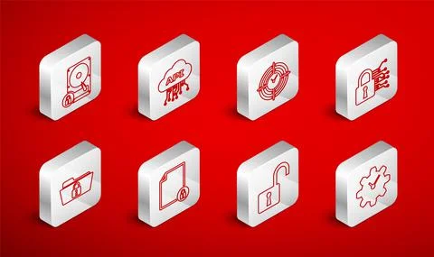 Set line Time Management, Cloud api interface, Cyber security, Open padlock Stock Illustration