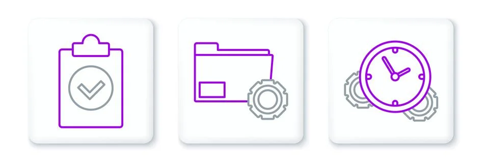 Set line Time Management, Completed task and Folder settings with gears icon Stock Illustration