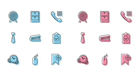 Set line Time Management, Computer mouse, Target, Bookmark, Office stapler, C Stock Illustration