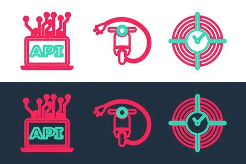 Set line Time Management, Computer api interface and Electric scooter icon Illustrazione stock