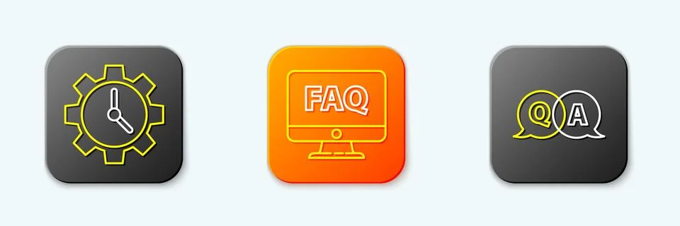 Set line Time Management, Computer monitor and FAQ and Question Answer icon.. Stock Illustration