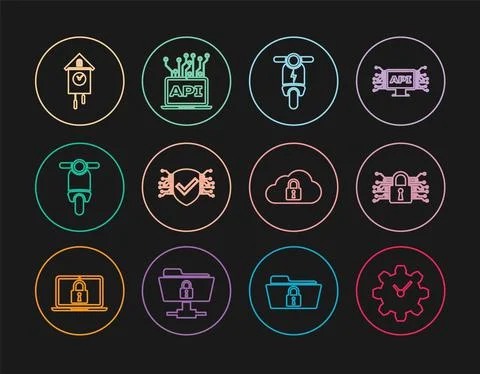 Set line Time Management, Cyber security, Electric scooter, Scooter, Retro wall 스톡 일러스트