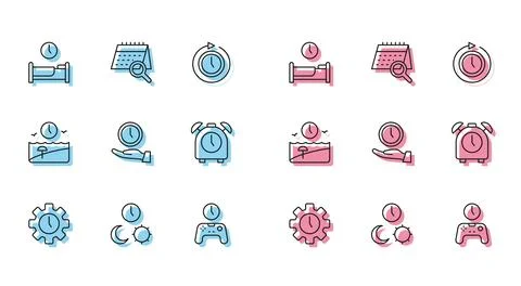 Set line Time Management, Day and night with time, to sleep, Gamepad of, Clock Stock Illustration