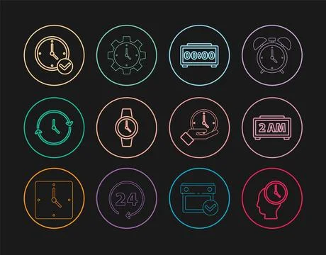 Set line Time Management, Digital alarm clock, Wrist watch, Clock,  and  ic.. Stock Illustration