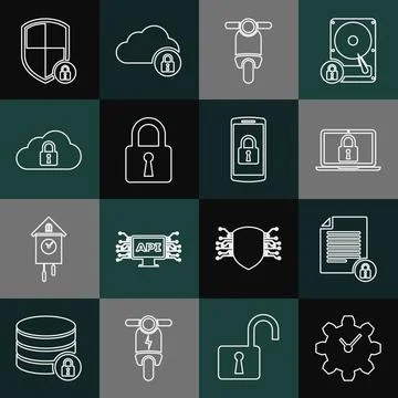 Set line Time Management, Document and lock, Laptop, Scooter, Lock, Cloud Stock Illustration