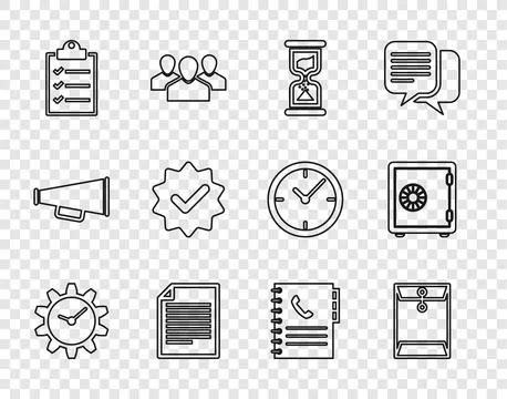 Set line Time Management, Envelope, Old hourglass, Document, Clipboard with.. Illustrazione stock