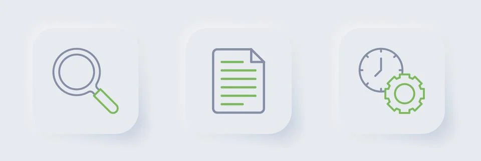 Set line Time management, File document and Magnifying glass icon. Vector Stock Illustration