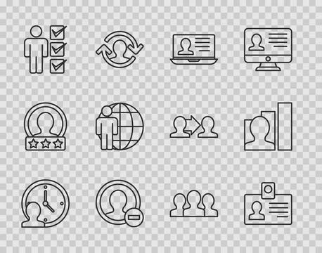 Set line Time Management Identification badge Laptop with resume Create accou Stock Illustration
