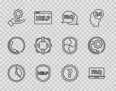 Set line Time Management, Laptop and FAQ, Speech bubble with, Shield text Help Stock Illustration