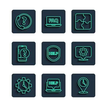 Set line Time Management, Laptop and help, Location with clock, Piece of puzzle Stock Illustration