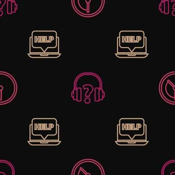 Set line Time Management, Laptop and help and Headphones on seamless pattern Stock Illustration