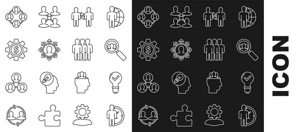 Set line Time Management, Light bulb and check mark, Magnifying glass for search Stock Illustration