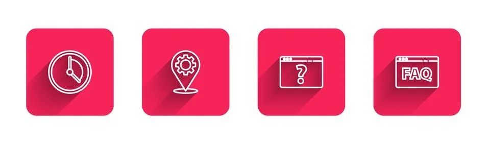 Set line Time Management, Location with gear, Browser question mark and FAQ with Stock Illustration
