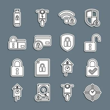 Set line Time Management, Lock and check mark, Open padlock, Wifi locked, Credit Illustrazione stock