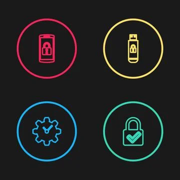 Set line Time Management, Lock and check mark, USB flash drive with lock and Illustrazione stock