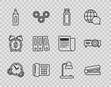 Set line Time Management, Office stapler, USB flash drive, Telephone, Marke.. Stock Illustration