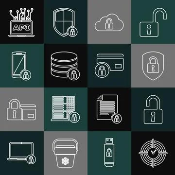 Set line Time Management, Open padlock, Shield security with, Cloud computing Stock Illustration