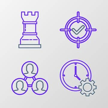 Set line Time Management, Project team base, Target and check mark and Business Illustrazione stock