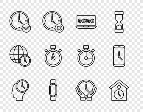 Set line Time Management, Retro wall watch, Clock on laptop, Smartwatch Stock Illustration