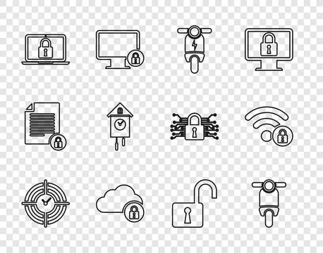 Set line Time Management, Scooter, Electric scooter, Cloud computing lock Ilustración de archivo