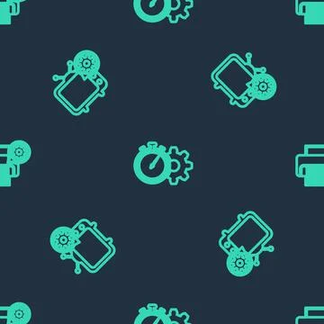 Set line Time management setting, Tv and Printer on seamless pattern. Vector Stock Illustration