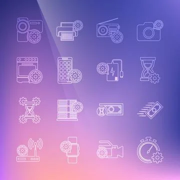 Set line Time management setting, Fast payments, Hourglass, Radio, Mobile Apps Stock Illustration