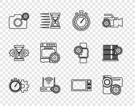 Set line Time management setting, Video camera, Router and wi-fi, Photo, Oven Stock Illustration