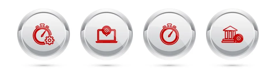 Set line Time management setting, Laptop, Stopwatch and Bank building. Silver Stock-Illustration
