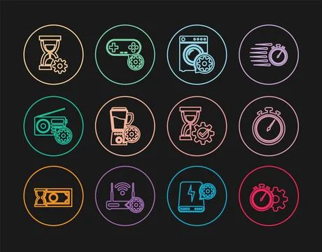 Set line Time management setting, Stopwatch, Washer, Blender with bowl, Rad.. Stock Illustration