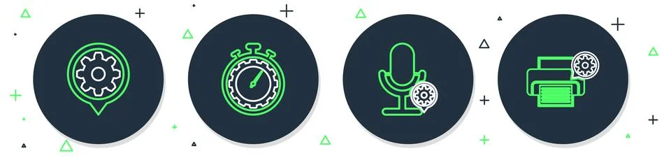 Set line Time management setting, Microphone, Setting and Printer icon. Vecto Stock Illustration